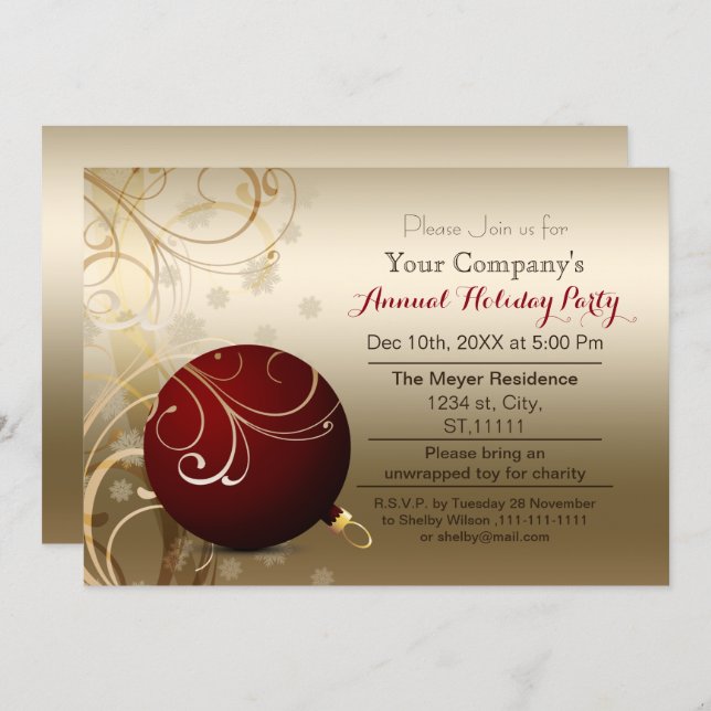 red gold Festive Corporate holiday party Invitation (Front/Back)