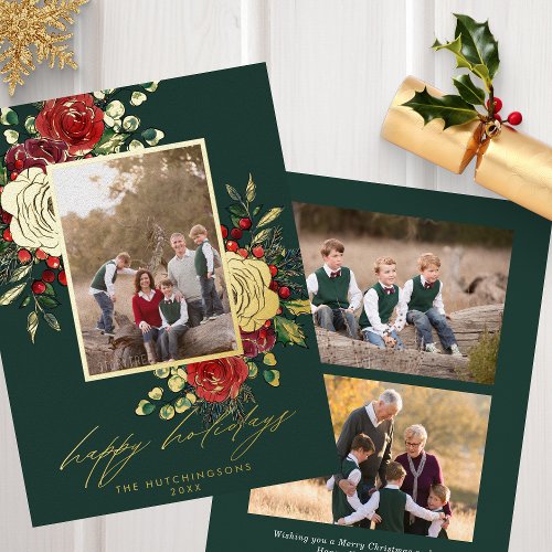 Red  Gold Festive Florals 3 Photo Modern Foil Holiday Card