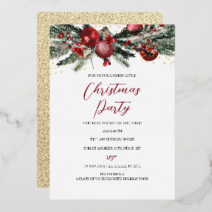 Red Gold Festive Foliage Christmas Party Foil Invitation