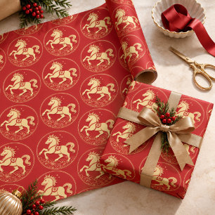 Red Gold Fire Horse Chinese New Year Wrapping Paper
