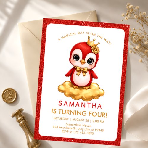 Red Gold Flamingo Princess 4th Birthday Invitation