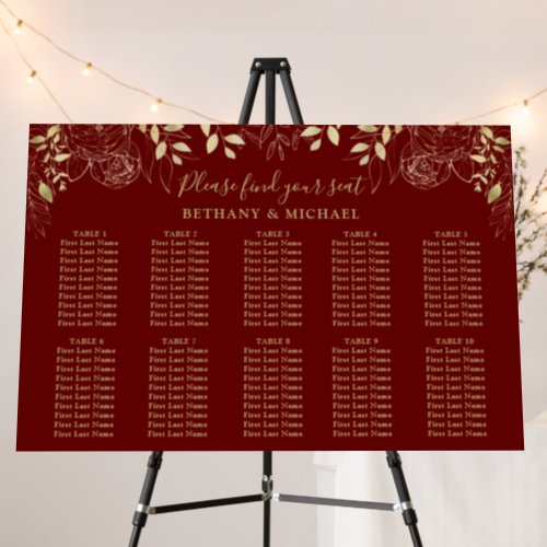 Red  Gold Floral 10 Table Wedding Seating Chart Foam Board