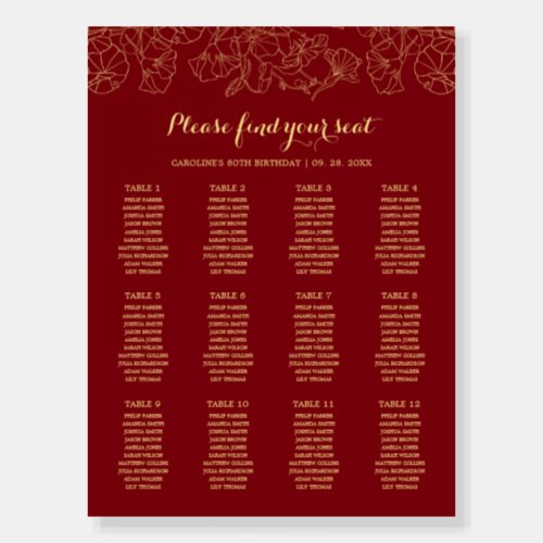 Red Gold Floral 12 Table Seating Chart Foam Board
