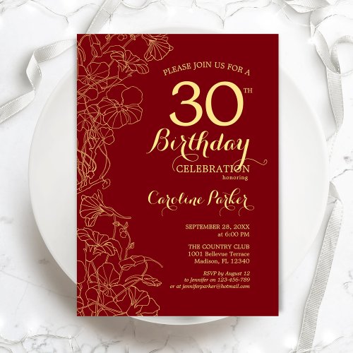 Red Gold Floral 30th Birthday Party Invitation