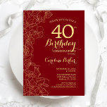 Red Gold Floral 40th Birthday Party Invitation<br><div class="desc">Red Gold Floral 40th Birthday Party Invitation. Minimalist modern design featuring botanical outline drawings accents,  faux gold foil and typography script font. Simple trendy invite card perfect for a stylish female bday celebration. Can be customized to any age. Printed Zazzle invitations or instant download digital printable template.</div>