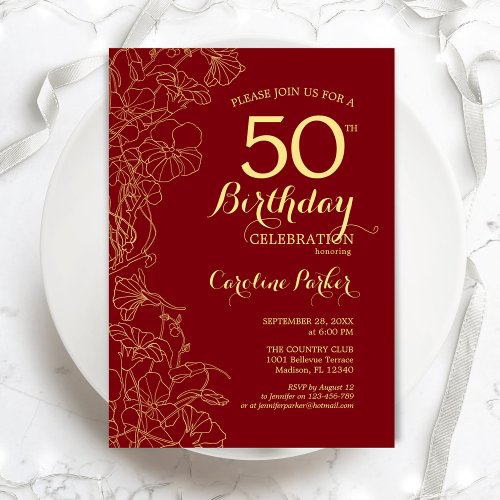 Red Gold Floral 50th Birthday Party Invitation