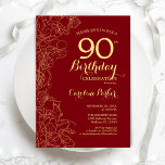 Red Gold Floral 90th Birthday Party Invitation<br><div class="desc">Red Gold Floral 90th Birthday Party Invitation. Minimalist modern design featuring botanical outline drawings accents,  faux gold foil and typography script font. Simple trendy invite card perfect for a stylish female bday celebration. Can be customized to any age. Printed Zazzle invitations or instant download digital printable template.</div>