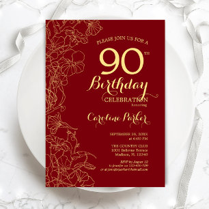 Red Gold Floral 90th Birthday Party Invitation