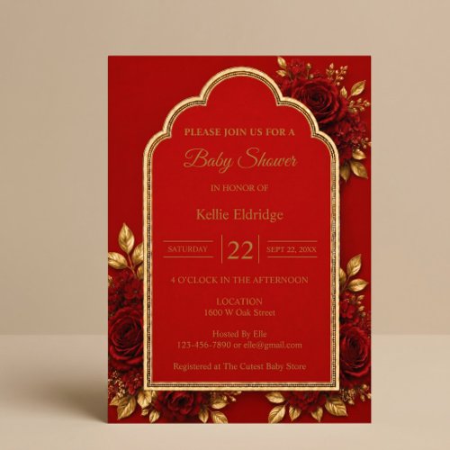 Red & Gold Floral Baby Shower Invitation