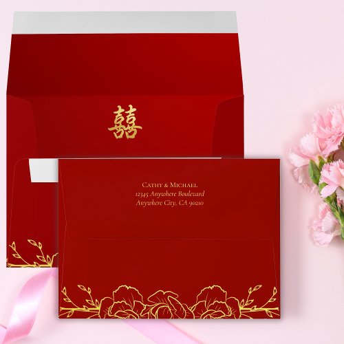 Red gold floral border chinese wedding double xi envelope