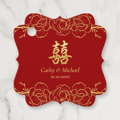 Red gold floral border chinese wedding double xi favor tags