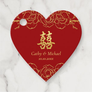Red gold floral border chinese wedding double xi favor tags
