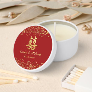 Red gold floral border chinese wedding double xi mini candle favors