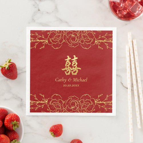 Red gold floral border chinese wedding double xi paper dinner napkins