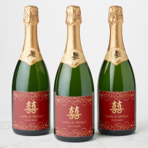 Red gold floral border chinese wedding double xi sparkling wine label