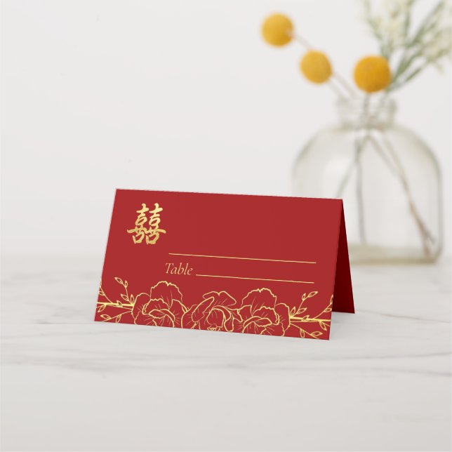 Red gold floral border chinese wedding table numbe place card (Front)