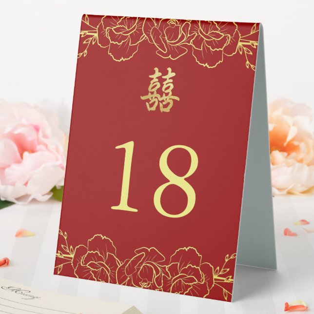 Red gold floral border chinese wedding table numbe table tent (In SItu (Wedding))