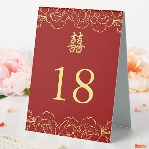 Red gold floral border chinese wedding table numbe table tent sign