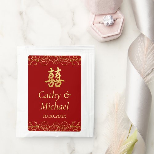 Red gold floral border chinese wedding tea bag drink mix
