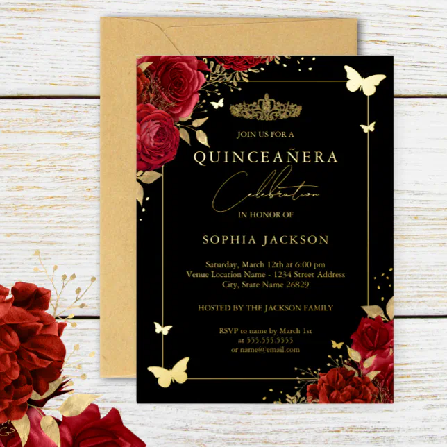 Red Gold Floral Butterfly Tiara Quinceanera Foil Invitation | Zazzle