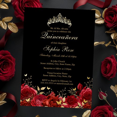 Red Gold Floral Butterfly Tiara Quinceanera Foil Invitation