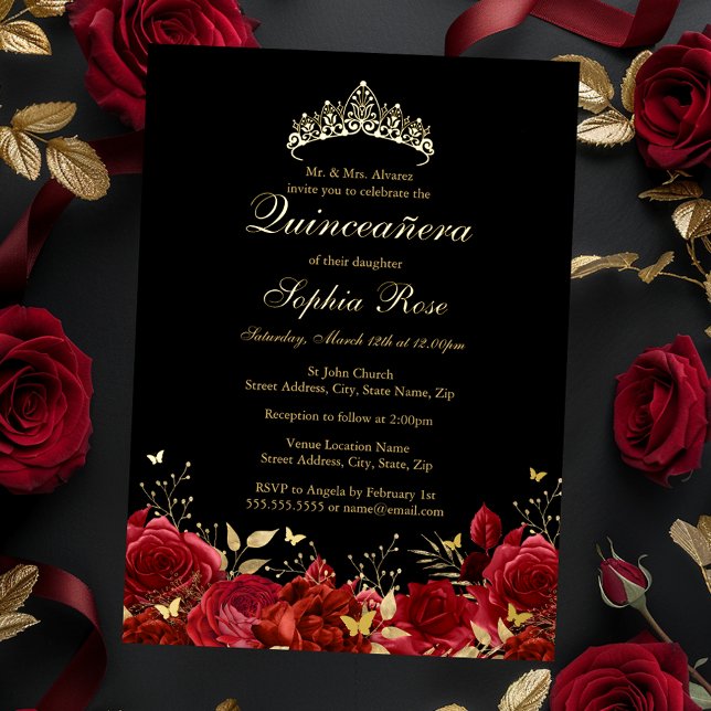 Red Gold Floral Butterfly Tiara Quinceanera Foil Invitation (Creator Uploaded)