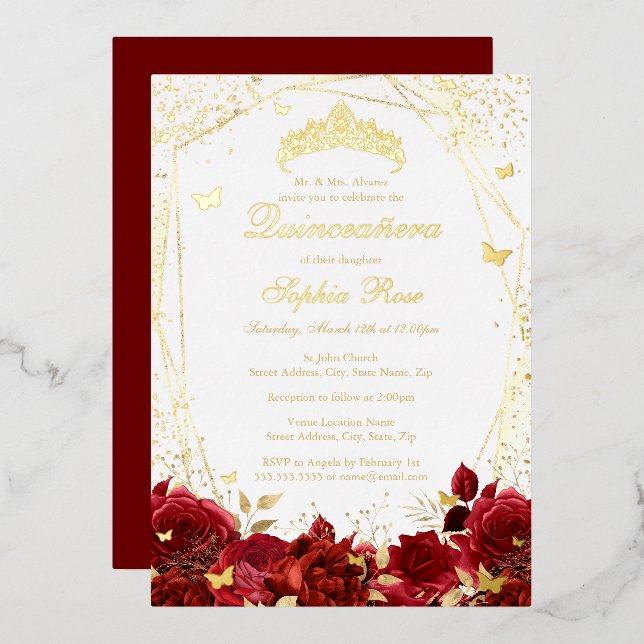 Red Gold Floral Butterfly Tiara Quinceanera Foil Invitation (Front/Back)