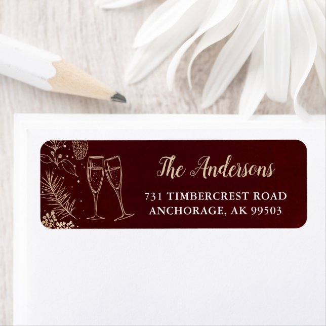 Red & Gold Floral Champagne Holiday Party Address Label (Insitu)