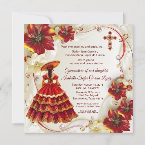 Red Gold Floral Charra Quinceanera  Invitation