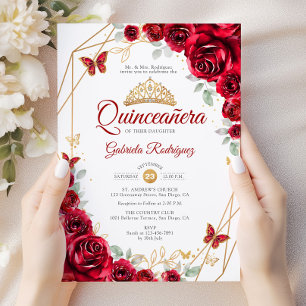 Red Gold Floral Chic Quinceanera Invitation