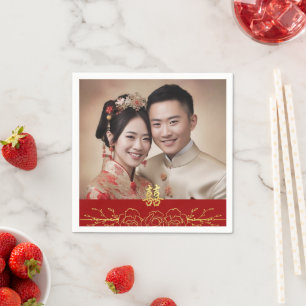 Red gold floral Chinese wedding photo double xi Napkins