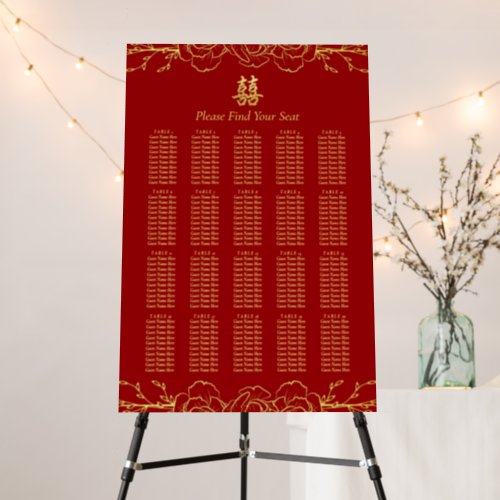Red gold floral chinese wedding seating chart foam board