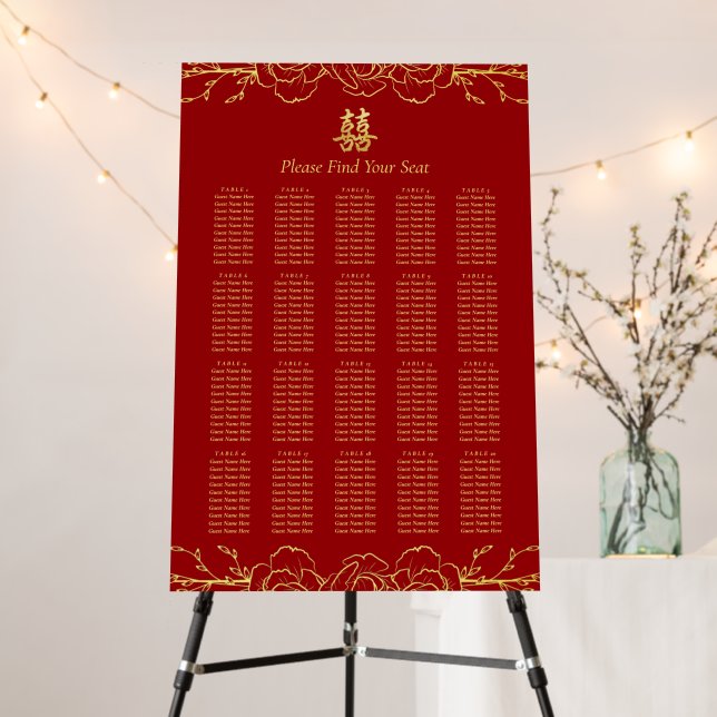 Red gold floral chinese wedding seating chart foam board (In Situ (Stand))