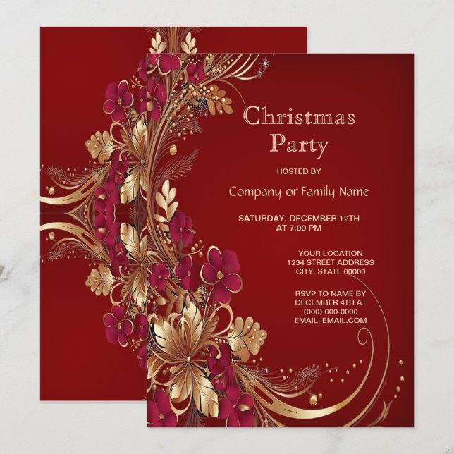 Red Gold Floral Christmas Party Invitation (Front/Back)