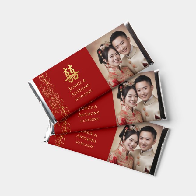 Red gold floral couple photo Chinese wedding Hershey Bar Favors (Front)