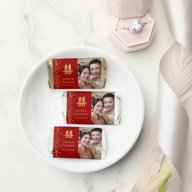 Red gold floral couple photo Chinese wedding Hershey's Miniatures (Wedding)