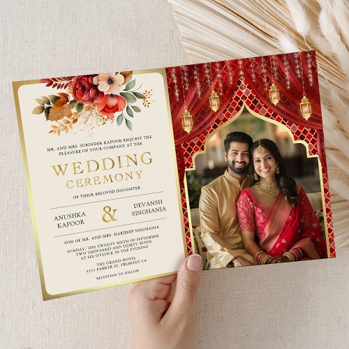 Red Gold Floral Curtain Indian Hindu Wedding Invitation