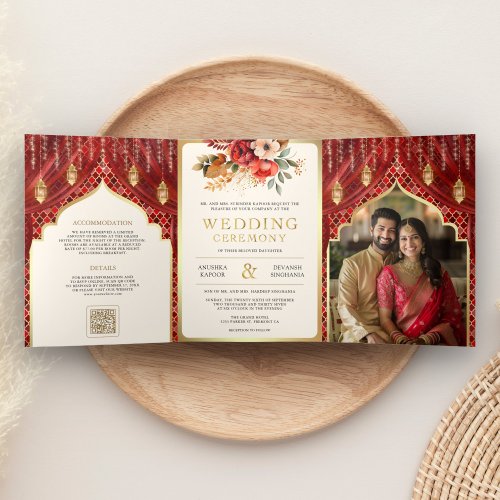 Red Gold Floral Curtain Indian Hindu Wedding Tri_Fold Invitation