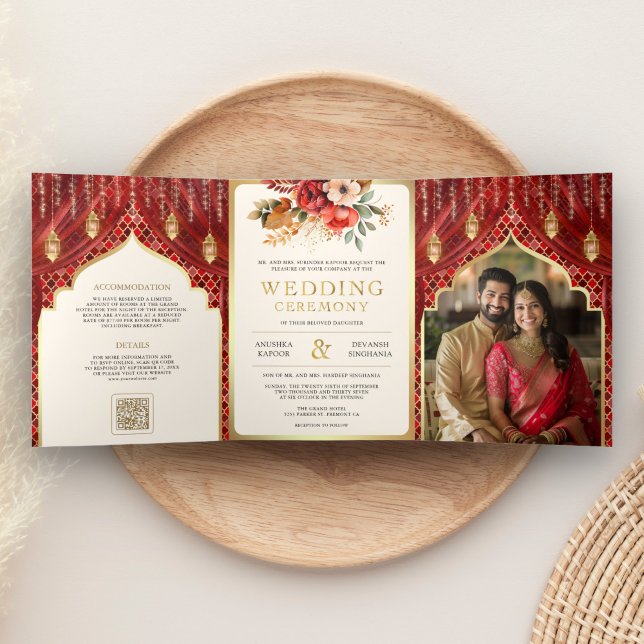 Red Gold Floral Curtain Indian Hindu Wedding Tri-Fold Invitation (Creator Uploaded)