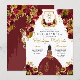 Red & Gold Floral Elegant Quinceañera Invitation