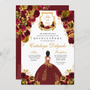 Red & Gold Floral Elegant Quinceañera Invitation