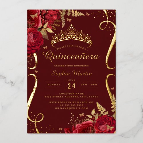 Red Gold Floral Elegant Scroll Quinceanera  Foil Invitation