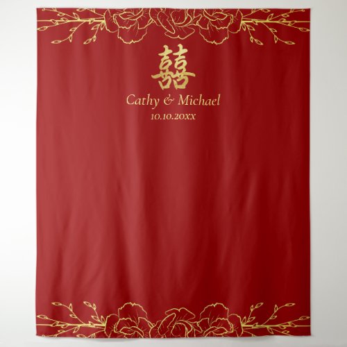 Red gold floral frame chinese wedding tea ceremony tapestry
