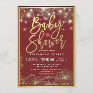 Red & Gold Floral Frame String Lights Baby Shower Invitation