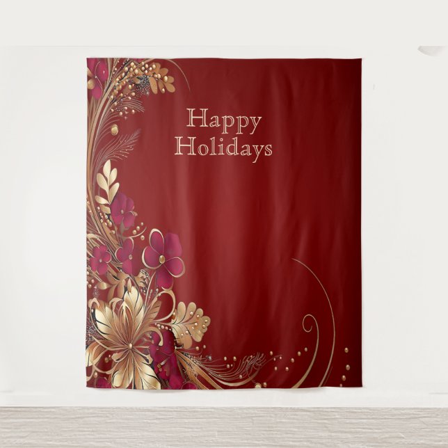 Red Gold Floral Holiday Backdrop (Front)