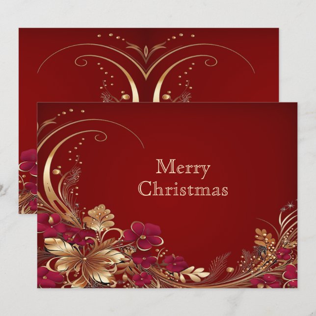 Red Gold Floral Holiday Card (Front/Back)