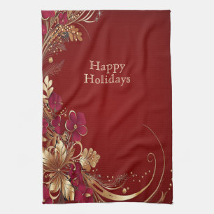 Red Gold Floral Holiday Kitchen Towel