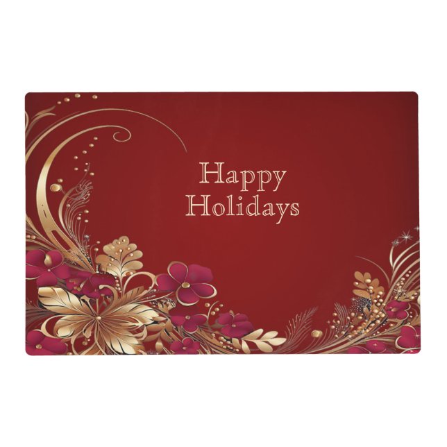 Red Gold Floral Holiday Paper Placemat (Front)