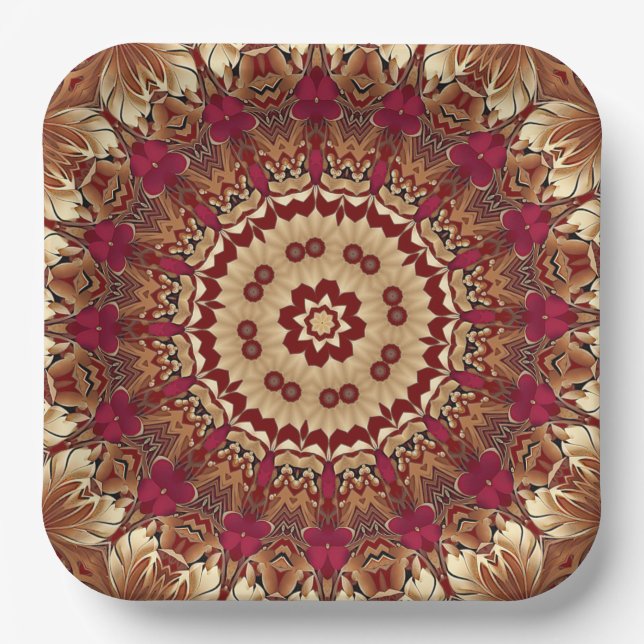 Red Gold Floral Holiday Paper Plate (Front)