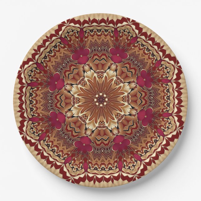 Red Gold Floral Holiday Paper Plate (Front)